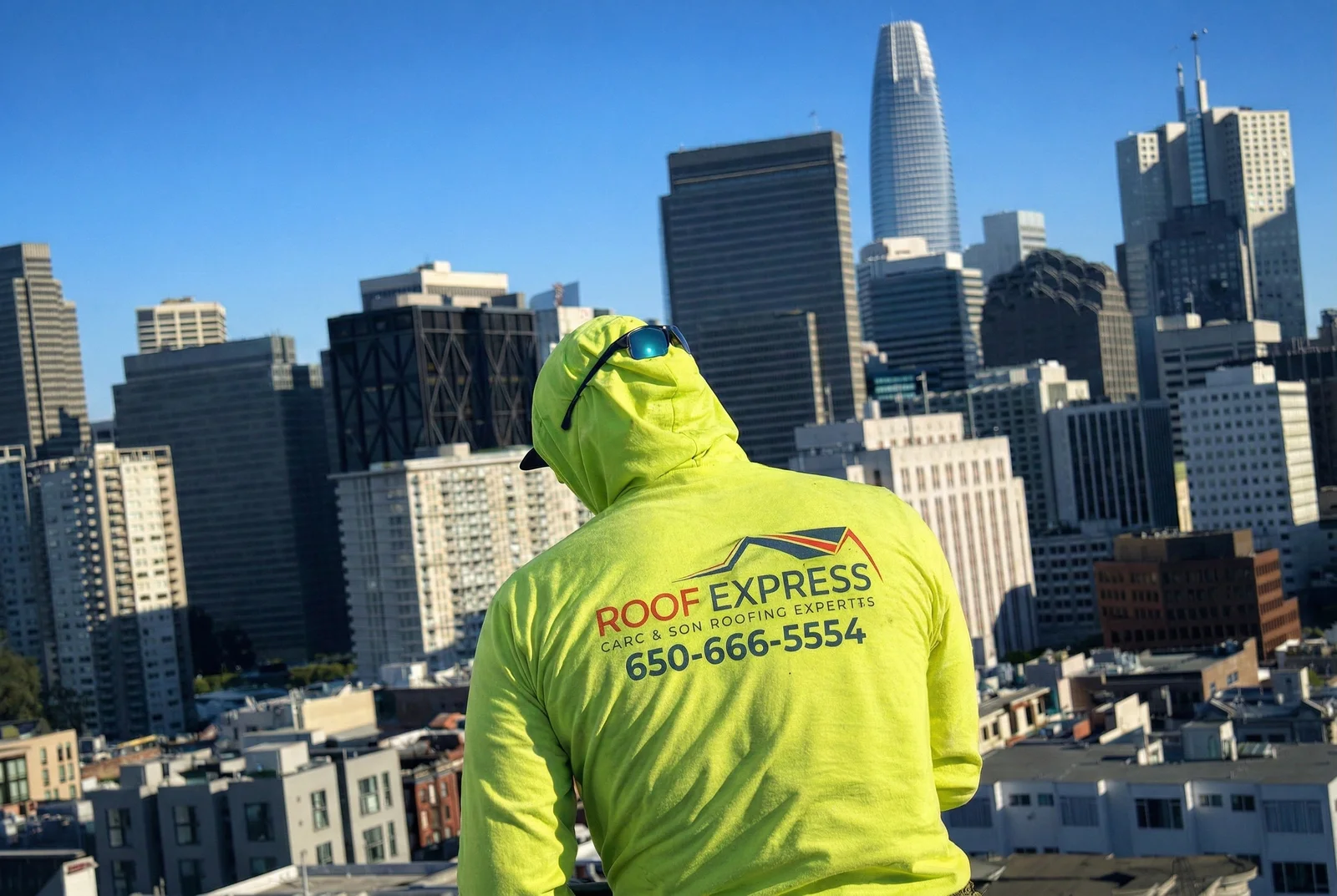 ROOF EXPRESS roofer overlooking the Bay Area from a rooftop